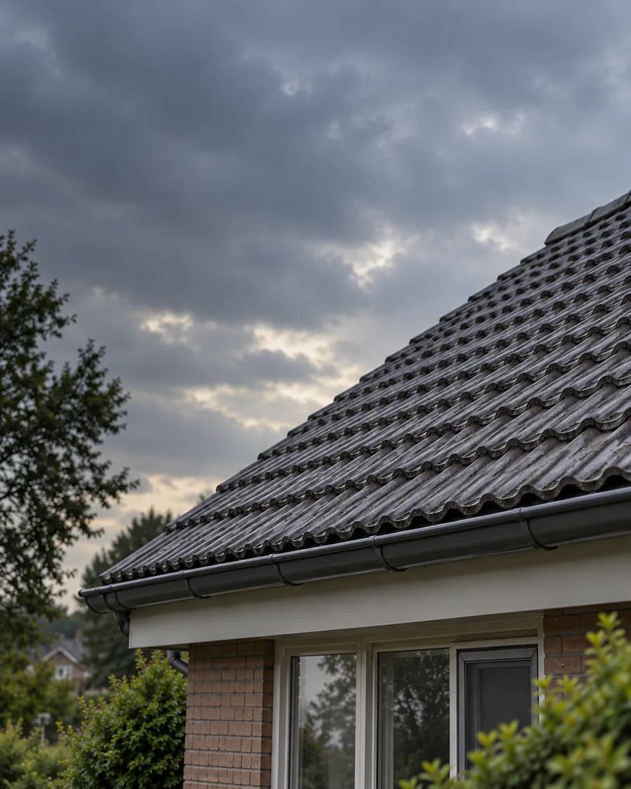 Pannendak waarop verwering en aanslag zichtbaar zijn.