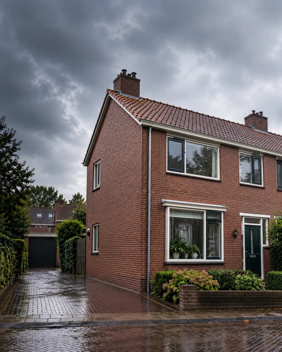 Bakstenen gevel en oprit van een woning.