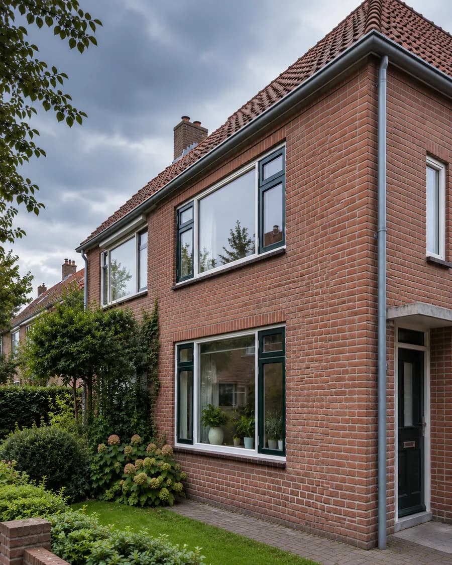 Bakstenen gevel van een woning met pannendak.