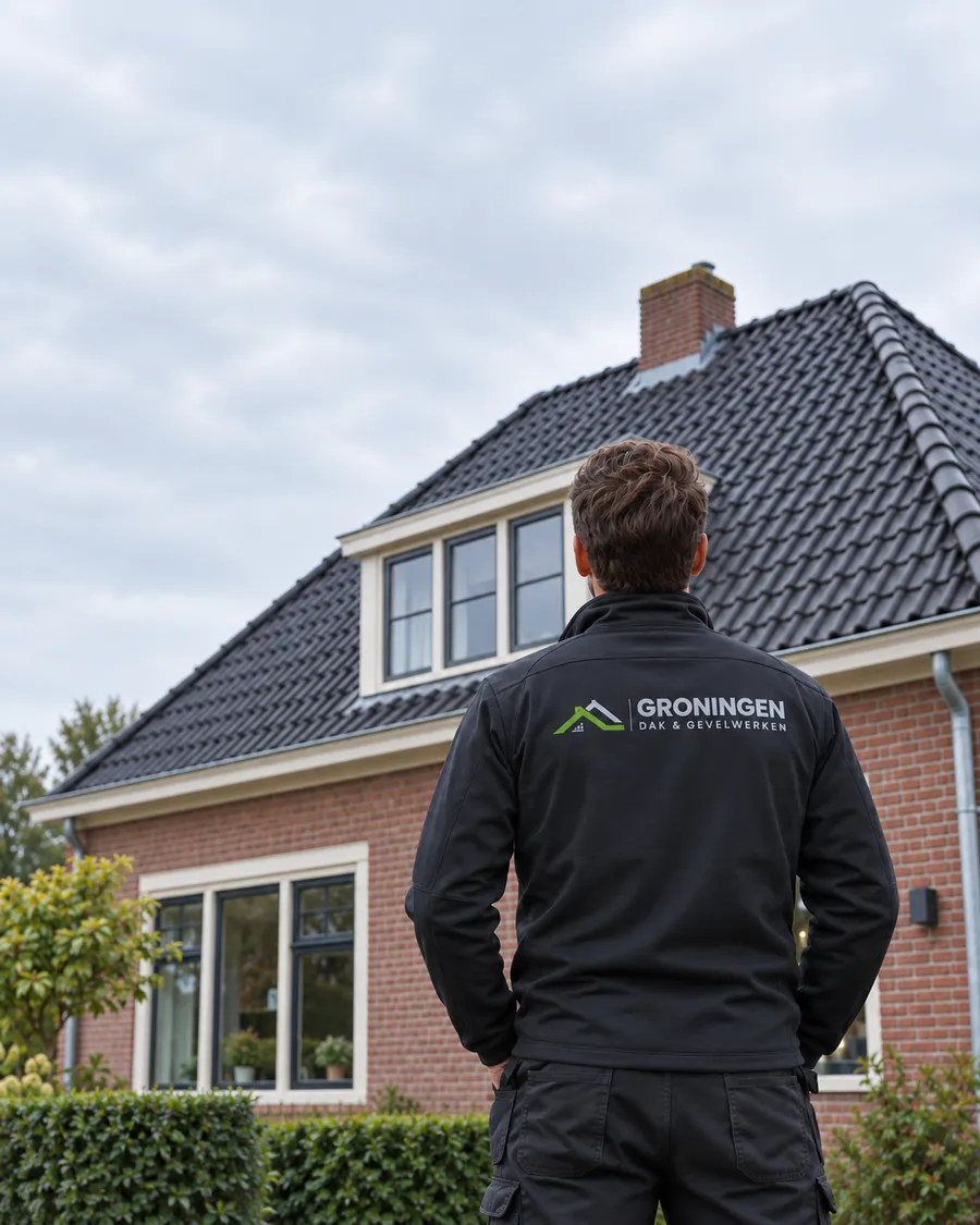 Medewerker met GDG-jas voor een woning met pannendak.