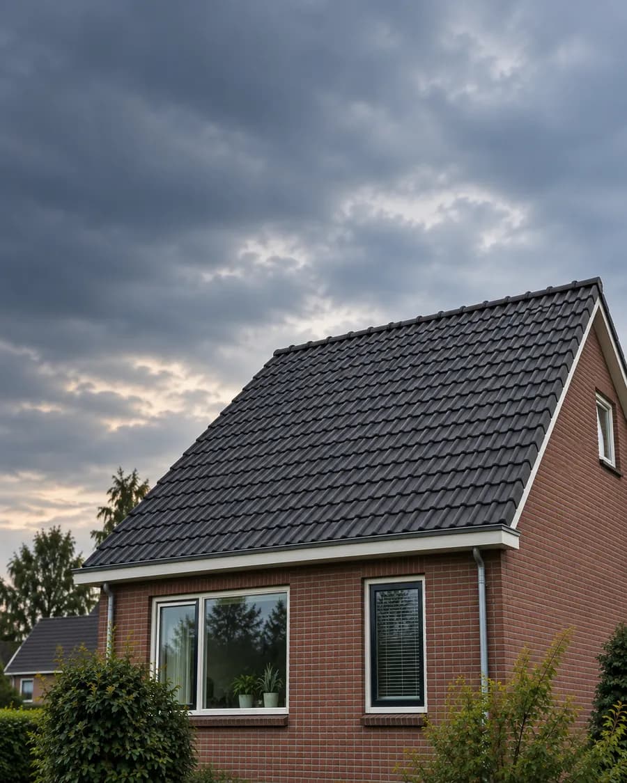 Aaneengesloten pannendak zonder schoorsteen in het getoonde dakvlak.