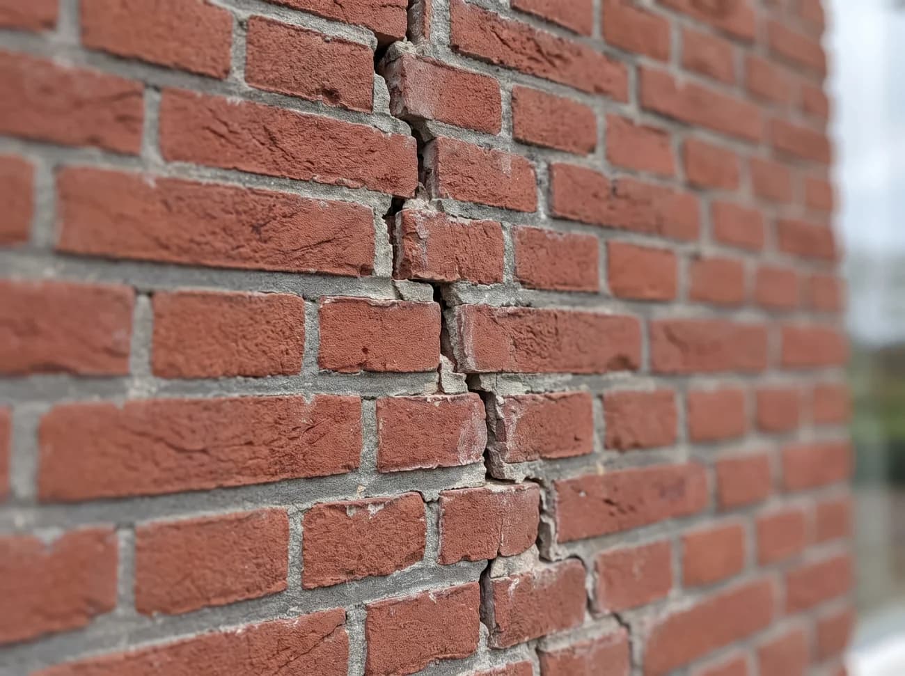 Voorbeeld van een scheur door bakstenen en voegwerk.